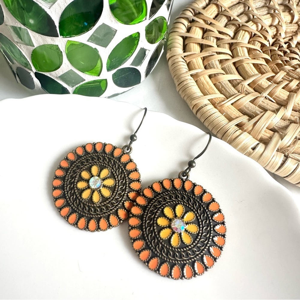 Bohemian Orange Mandala Earrings Circle Antiqued Dangle Vintage Style Hippie NEW